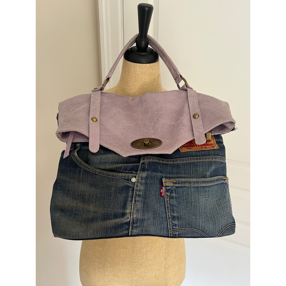 Levi's Upcycled Made in Italy Blue Denim Lavender Leather Satchel Bag Artsy Boho